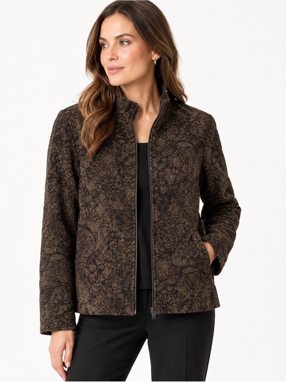 Chico’s Travelers Size 2 Brown Black Paisley Floral Quilted Zip Jacket Large